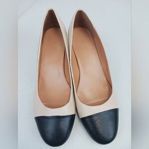 J. CREW womans tan/black leather block high heels shoes Size 10.5